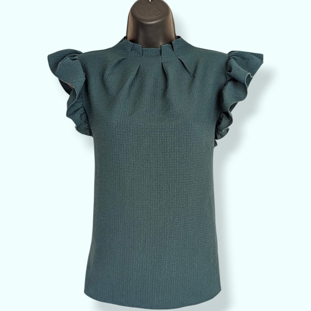 Niay Green Pleated Ruffle Shoulder Top